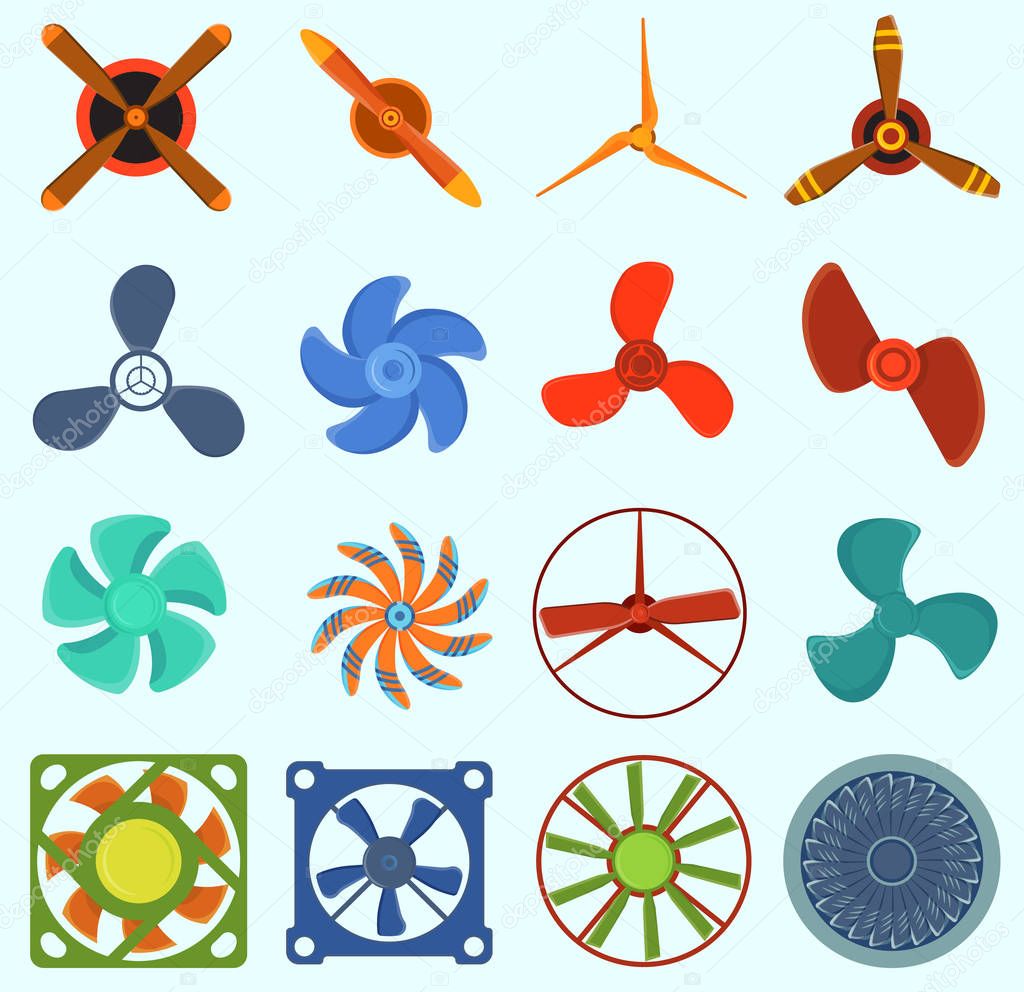 Fans and propellers technology icons isolated object. Propeller fan icons cool ventilation ship symbol retro cooler boat equipment. Ventilator symbol wind equipment propeller fan icons