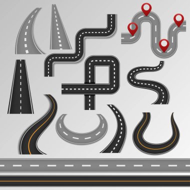Yol yol ve karayolu arka planda izole yolda yol kenarı veya kavşak rota yolu illüstrasyon seti ile harita üzerinde karayolu ve karayolu