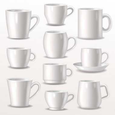 Marka lama için kahve veya çay için fincan boş kupalar ve beyaz arka plan üzerinde izole beyaz cupful veya mugful izole çeşitli şekillerde illüstrasyon seti basit çay fincanı
