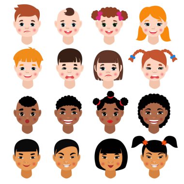 Çocuk portre çocuk karakter kız veya erkek saç modeli ve karikatür kişi ile çeşitli cilt tonu illüstrasyon seti ile yüz çocuk yüz özellikleri beyaz arka plan üzerinde izole