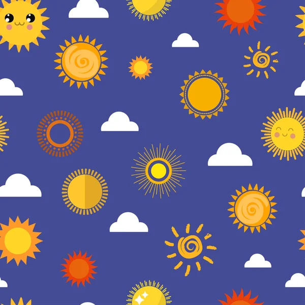 Sun yellow planets different style weather illustration season sunny symbol icons collection sign sky or sun nature sunny element for web application seamless pattern background