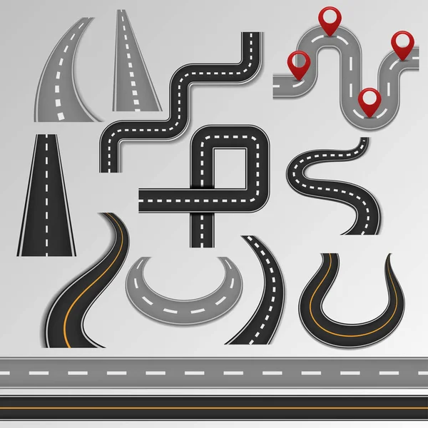 Yol yol ve karayolu arka planda izole yolda yol kenarı veya kavşak rota yolu illüstrasyon seti ile harita üzerinde karayolu ve karayolu