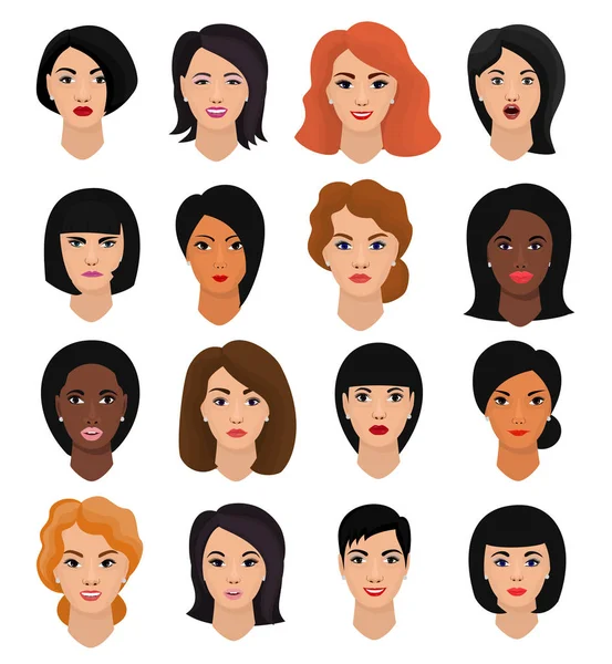 女人肖像女性角色的脸的女孩与发型和卡通人与各种肤色插图集美丽的面部特征孤立在白色背景 — 图库照片
