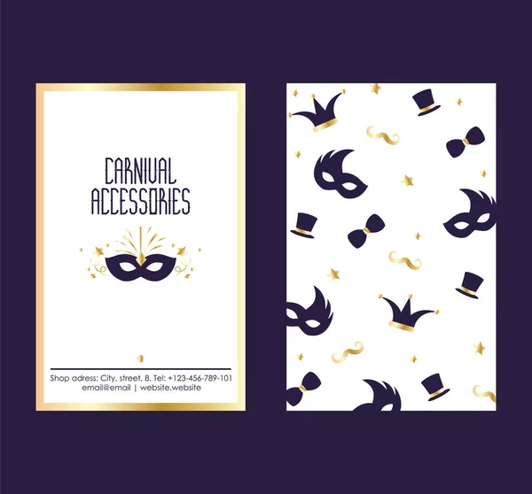 Carnival Party och tillbehör vektor illustration affisch Flyer eller inbjudan. Blå karneval eller Tivoli masker och hattar två sidor design med mönster och emblem. — Stock vektor