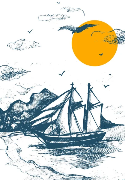 Voilier silhouette croquis vecteur de yachts de mer. Voilier illustration dessinée à la main. Régate de course dans la mer près de la plage et idée de vacances de yachting . — Image vectorielle