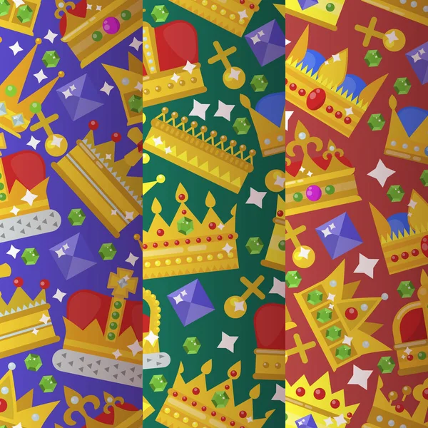 Corona de oro gema para rey reina príncipe realista vector de ilustración. Conjunto de tres dibujos animados monarca real con coronas de oro, diademas y joyas . — Vector de stock