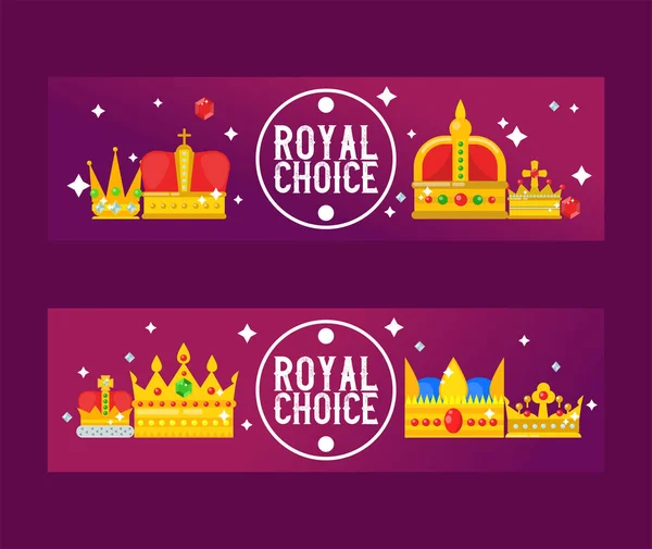 Golden royal crowns vector illustration. Luxury royal design banners. Diadems and jacket crown with gems. Used for hotel, restaurant, boutique, jewellery invitation, business card etc — Stock Vector