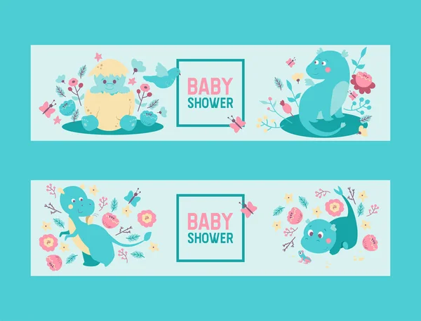 Dinosaurs baby shower boy or girl vector invitation. Cute baby dino dinosaurs egg and dragons hatching from egg, sitting in flowers with dove and frog. — Stockvector