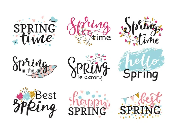 Hallo vårens skrifttegn - gratulasjonskort - særlig vårtypografi - håndtegnet vårgrafisk illustrasjonskort – stockfoto