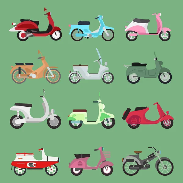 Vintage retro bike scooters moda antiga moto estilo. Retro motor reca e transporte de rua. Design motor retro moto estrada preta drive urbano hipster scooter — Fotografia de Stock