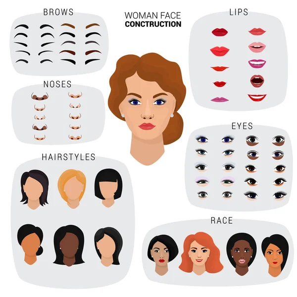 Woman face constructor female character avatar creation head lips nose and eyes illustration set of facial elements construction with eyebrows hairdo or hairstyle isolated on white background — Stock Photo, Image