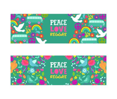 Hippi barış sembolü. Barış, aşk, reggae müzik vektör afiş. Beyaz güvercinler, gökkuşağı, otobüs ve çiçekler, aşk ve pasifiksm sembolleri ile renkli arka plan.