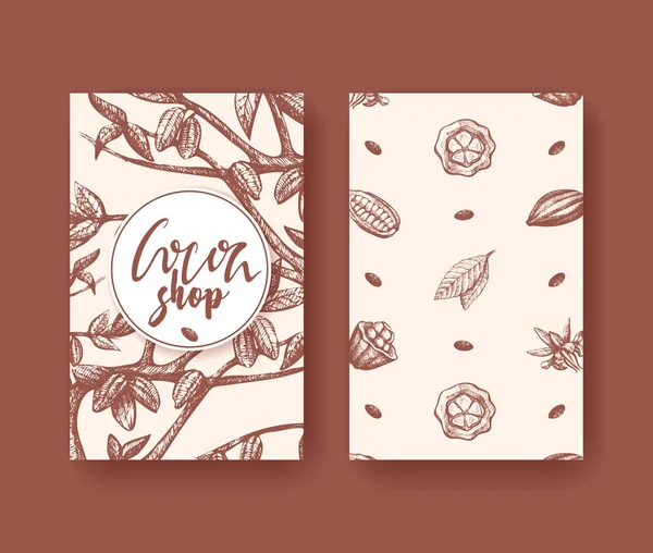 Illustration vectorielle de cacao du flyer superfood à deux côtés. Gravure sur fruits, feuilles et haricots. Croquis sur les aliments sains au chocolat biologique. Emballage chocolat, bannière cacao, affiche . — Image vectorielle