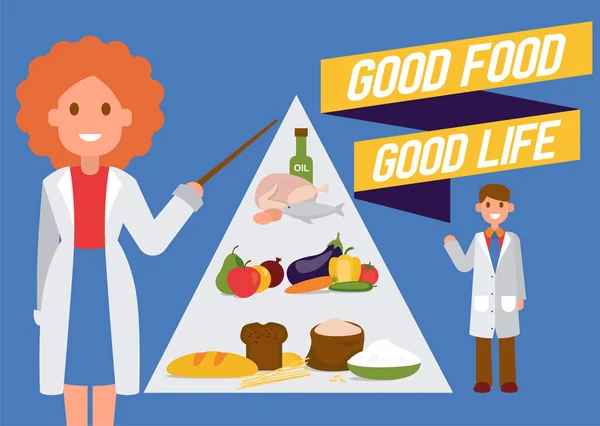 Läkare rekommenderar hälsosam mat vektor konsultation koncept. Medicin illustration av sjukvårdare som pekar på Pyramid av hälsosam mat och rekommendation av gott liv. — Stock vektor