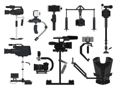 Steadicam vector video digital camera professional film equipment stabilizer illustration set of photographer videographer movie technology production isolated on white background clipart
