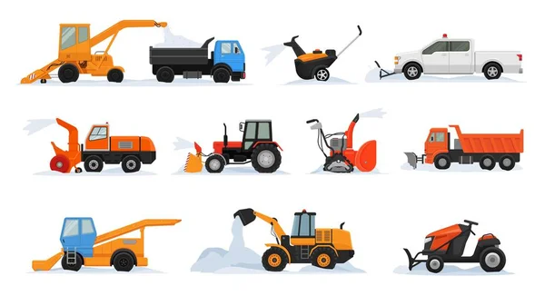 Kar temizleme vektör kış araç ekskavatör buldozer temizleme kar illüstrasyon karlı set snowplow ekipman traktör kamyon snowblower ulaşım beyaz arka plan izole