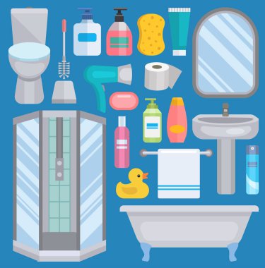 Banyo ekipmanları simgeleri banyo iç hijyen tasarımı için insan vücudu hijyen hower illüstrasyon. Ayna izole banyo sembolleri, tuvalet lavabo duş sabun havlu musluk ve sarı ördek