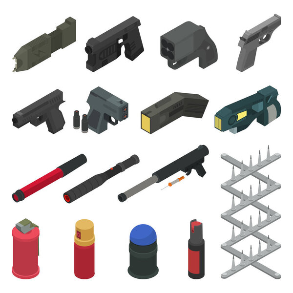 Gun vector handgun shooting weapon pepper spray military firearm illustration army isometric set of weaponry shooter isolated on white background