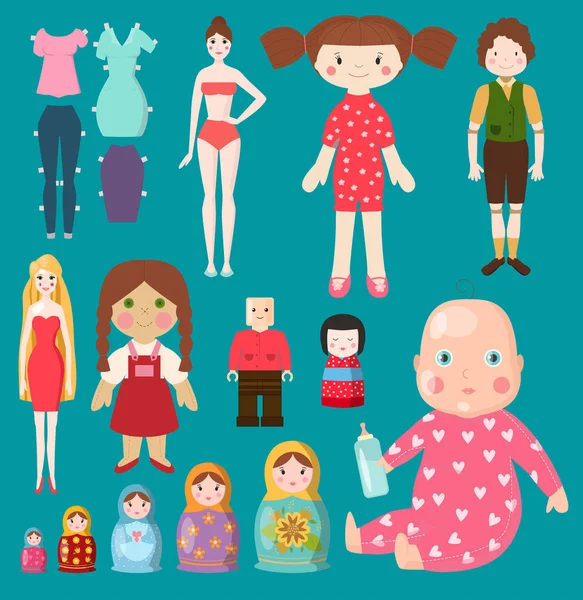 娃娃玩具字符女孩和男孩人脸和身体游戏礼服布娃娃插图。漂亮的内衣 小女孩 女孩 matryoshka 娃娃 玩具， 假模特风格 — 图库照片