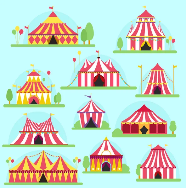 Circus tent facade marquee marquee stripes flags carnival entertainment balloons lelements flat illustration. Circus red tents entertainment. Carnival festival park arena celebration — Stock Photo, Image