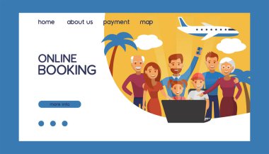 Uçak biletleri online rezervasyon vektör illüstrasyon. Online bilet rezervasyonu yapın. Seyahat, dünya çapında iş uçuşları. Büyükbaba ve chilfdren ile mutlu aile not defterinde bilet rezervasyon yapma.