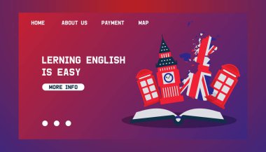 İngilizce öğrenmek veya web için Büyük Britanya vektör konseptine seyahat etmek. İngiliz bayrağı, Big Ben ve İngiltere'nin sembolleri olarak telefon kulübesi. Seyahat ve İngilizce web sayfası öğrenmek.
