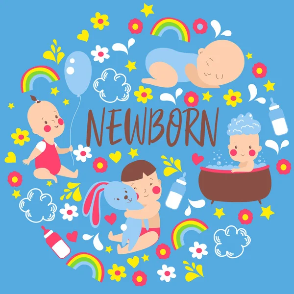 Baby Boy Shower Vektor Illustration. Einladungsvorlage für Neugeborene mit niedlichen Spielzeugen, bunten Regenbögen. Kinder baden, lächeln, halten Spielzeug in der Hand und schlafen. — Stockvektor