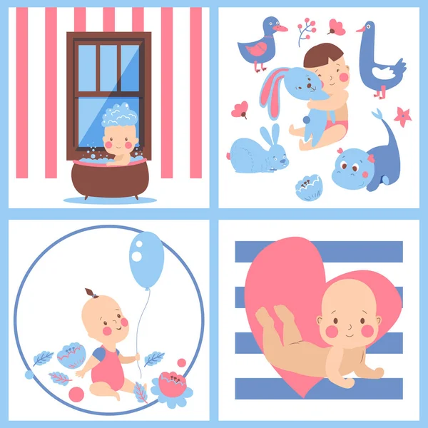 Baby Shower wektor. Baby Boy, Dziewczyna zaprosić projekt. Śliczne urodzenia party tle. Happy powitanie plakat z kreskówki noworodka dziecko z różowe serce, zabawki, balonem i kąpieli. — Wektor stockowy
