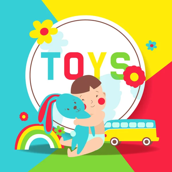Spielzeug und Kinderparty im Cartoon-Stil Vektor Illustration. Spaß und Spiel, Kinderspielzimmer zum Geburtstag oder Spielzeugladen. Plakat für Kinderspielzimmer. — Stockvektor