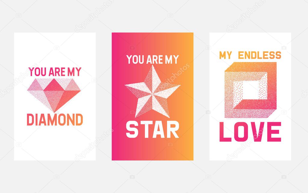 Dotwork red and yellow gradient vector symbols of love, star and diamond. Micro halftone texture. Dotworked gradient. Vibrant dotted halftone shapes and figures. Vintage perforated texture.