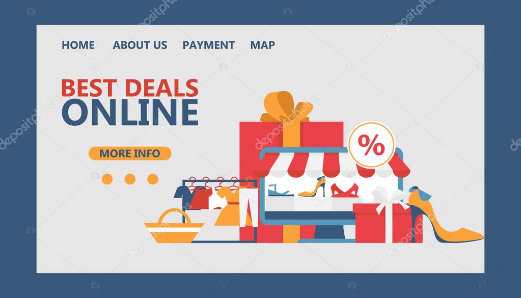 Mobile payment or money transfer vector webillustration. E-commerce market shopping online with sale, gift boxes nd ladies shoes. Template for web landing page, banner, presentation.
