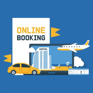 Rezervasyon online vektör illüstrasyon. Elektronik satın alma onayı. Tatil tatil turizm gezisi için uzaktan otel, tatil, uçak bileti veya sigorta rezerv. Kitap online poster.