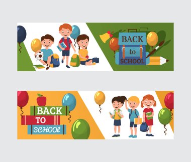 Okula geri dönüş 1 eylül de kız ve erkek ile afişler, baloons, sırt çantası ile kalem ve kalem ve kitaplar, vektör illüstrasyon. Okul çocuklarına çizgi film.