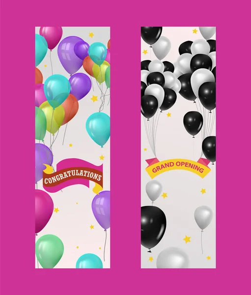 Luftballons für Party, Geburtstag oder Eröffnungsfeier Banner, Vektorillustration. fliegen glänzende und schwarz-weiße Luftballons. Elemente für Parteieinladungen und Glückwünsche. — Stockvektor
