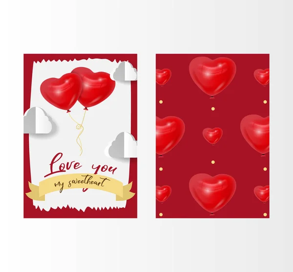 Walentynki miłość wektor ilustracji z czerwonym 3D balony kształt serca i białe chmury. 14 lutego, karta miłosna z wzorem. Romantyczne wesele karty okolicznościowe. Dzień kobiet. — Wektor stockowy