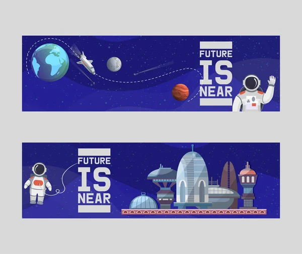 Turismo espacial para futuras ilustraciones vectoriales banners. Astronomía, vuelo espacial de galaxias, exploración, colonización, tecnología. Hombre del espacio viajando de la Tierra a la Luna . — Vector de stock