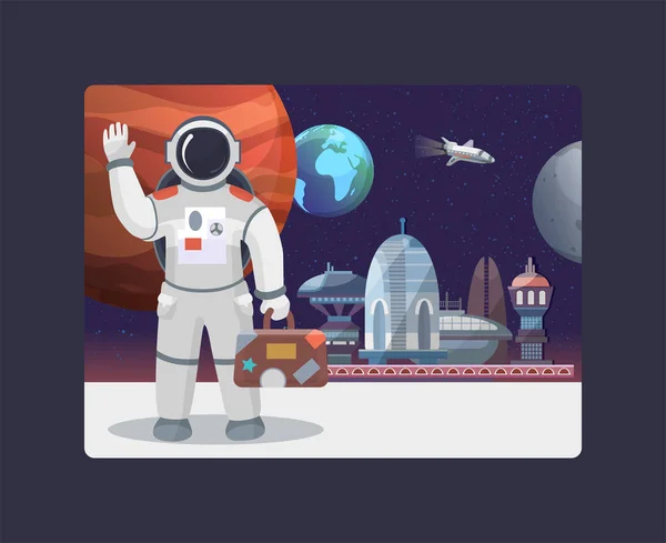 Viaje espacial, galaxia y cosmos, tours a la ilustración del vector lunar. Astronauta con jarrón agitando en el espacio exterior en la luna. Naves espaciales y planetas de Marte, la tierra, la luna viajes espaciales . — Vector de stock