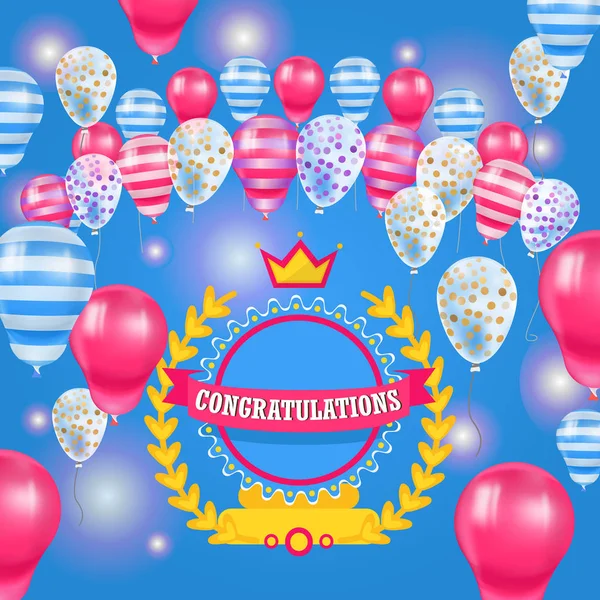 Happy Birthday baloons kutlama poster vektör illüstrasyon. Gerçekçi 3d pembe, soyulmuş ve noktalı balonlar, tebrik doğum günü rozeti ve parlayan etkisi. — Stok Vektör