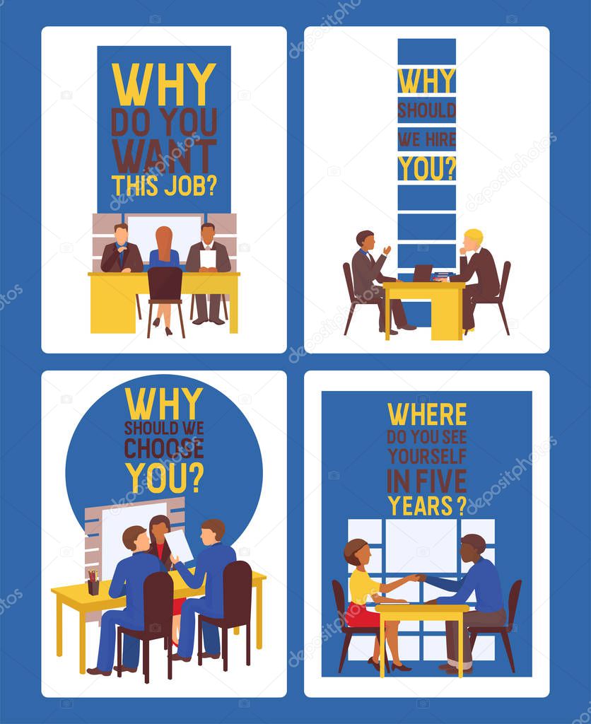 Job interview of employee and boss meeting vector illustrator. Executive manager sitting at desk before woman interviewed. Job interview HR officer and candidates.