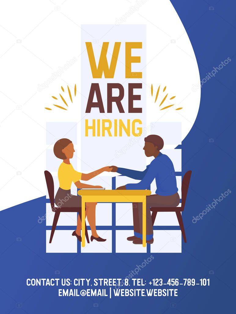 Recruiting vector illustration poster. Social presentation for employment and recruitment. Web recruit resources, choice, research or fill form. Application for employee hiring.