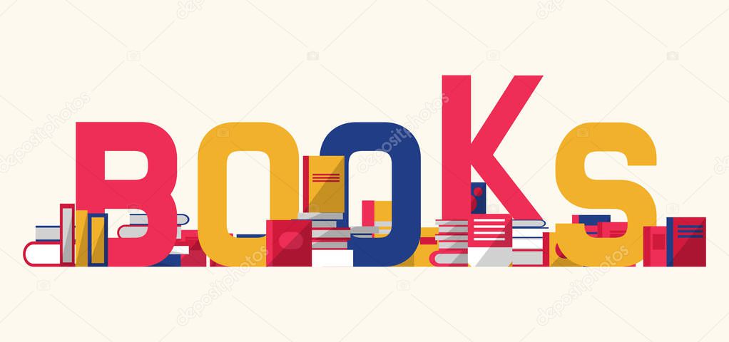 Books and textbooks with bookshelf vector illustration. Reading eductational festival or library concept. Different color volumes on shelf made of letters.