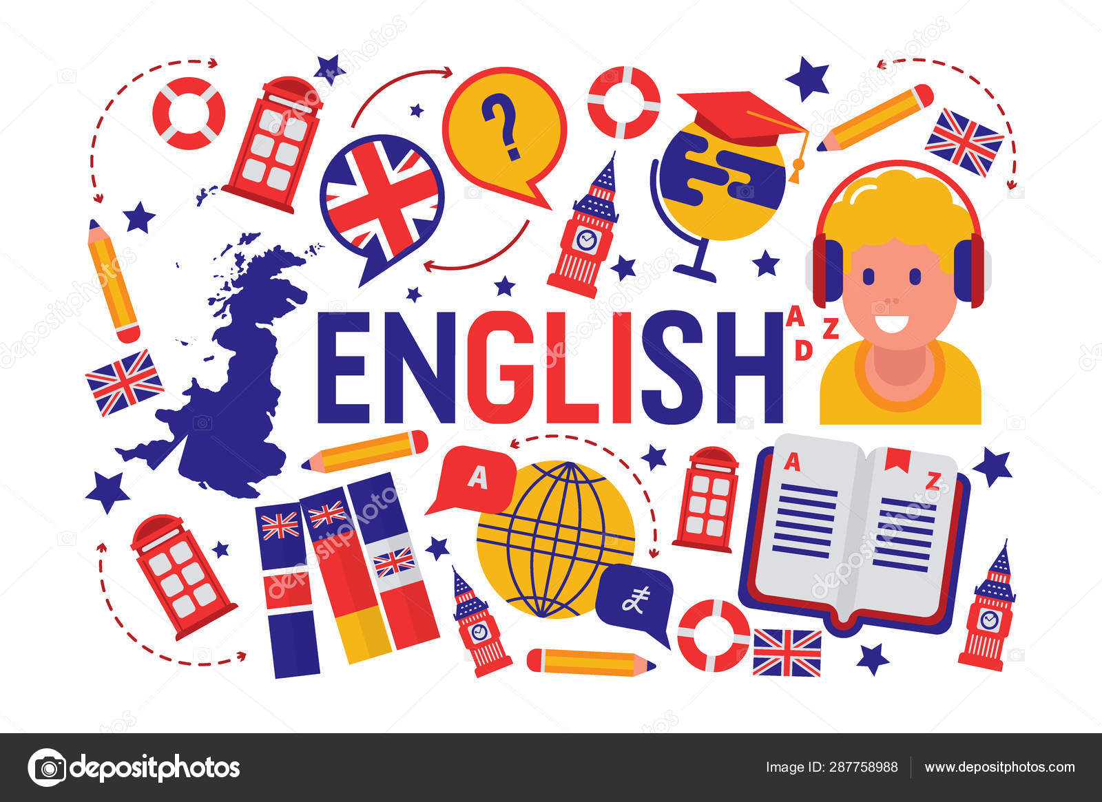 British english language learning class vector illustration. Brittish