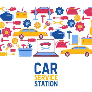 Araba tamir, bakım, araç teşhis vektör illüstrasyon. Araba ile servis posteri tamir, tekerlek dengeleme, tanı aletleri, araba atonlama. Autocars onarım.