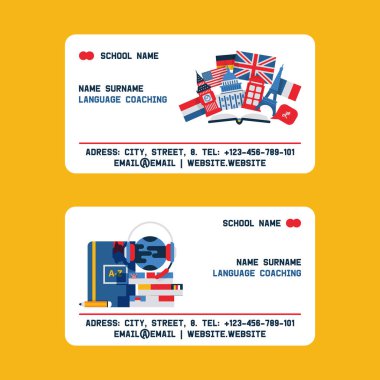Foreign language teacher and coach vector business card. English, french, german and italian languages teacher with education icons, emblems and flags of countries, dictionary with earphones.