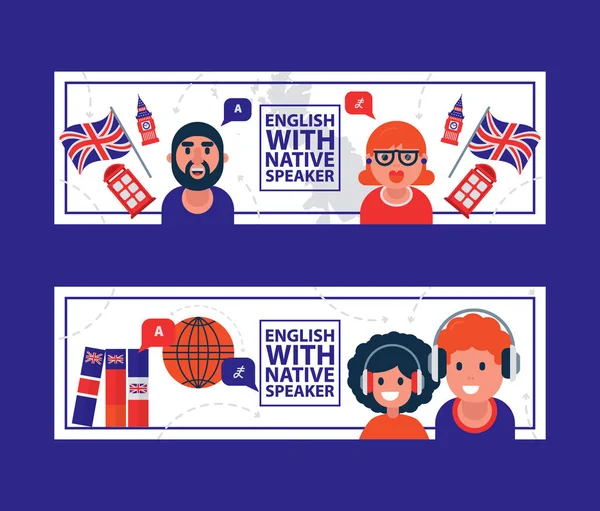 Englisch lernen mit muttersprachlichen Vektor-Illustrationen. Englischunterricht online mit Comicfiguren, Lehrern, Kindern und britischen Flaggen. — Stockvektor