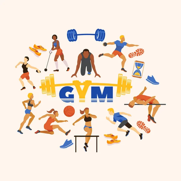 Sporten in sportschool en sporters uitvoeren van oefeningen vector illustratie. Sport lopers, springpaarden, sporters en stripfiguren. Sport accessoires. — Stockvector