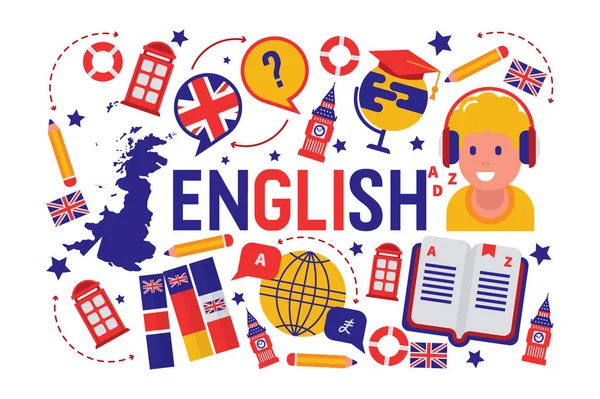 Britisch Englisch Sprachlernklasse Vektor Illustration. Britische Flagge Logo, England, Wörterbuch, Big Ben, Mädchen Zeichentrickfigur in Kopfhörer, Englisch Sprachaustausch-Programm. — Stockvektor