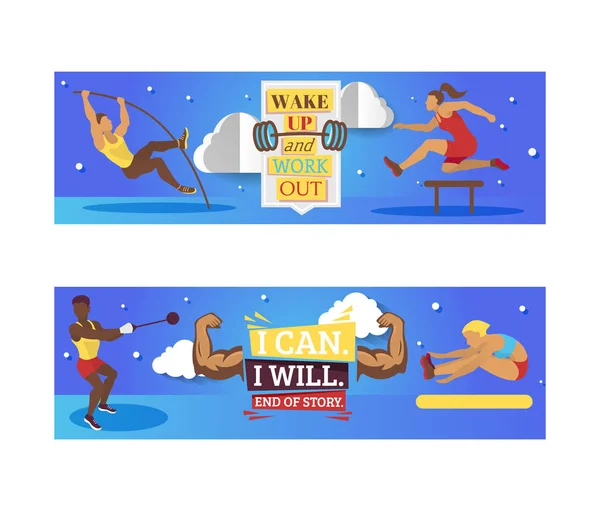 Sport Inspiration und Workout Vektor Banner Illustration. Ich kann und ich werde. Sport Gym Workout Embleme und Motivationszitat mit Cartoon-Jumper, Läufer und Turner. — Stockvektor