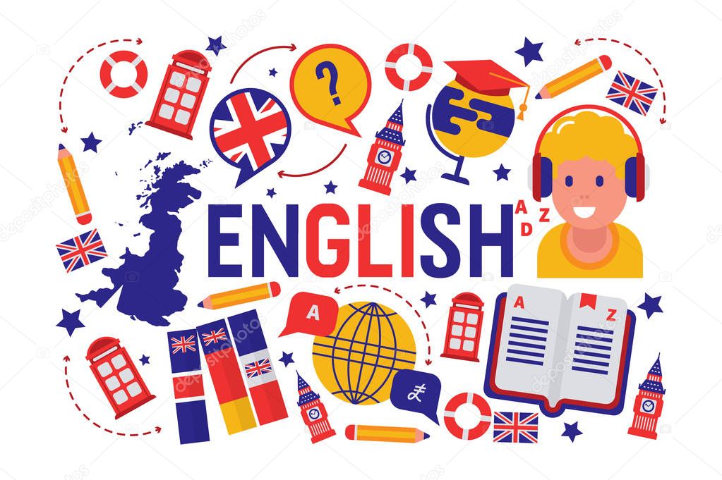 British english language learning class vector illustration. Brittish flag logo, England, dictionary, Big Ben, girls cartoon character in earphones, english language exchange program infographics.