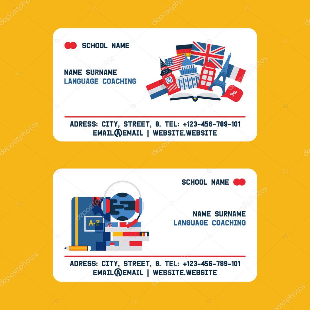 Foreign language teacher and coach vector business card. English, french, german and italian languages teacher with education icons, emblems and flags of countries, dictionary with earphones.